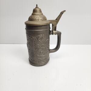 Beer Stein 7.5" Tall Metal w/ Plastic Hinged Lid Embossed German Village Scene
